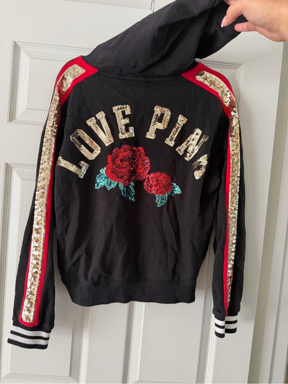 Victoria’s Secret PINK Love Roses Gold Sequin Bling Hoodie Black M